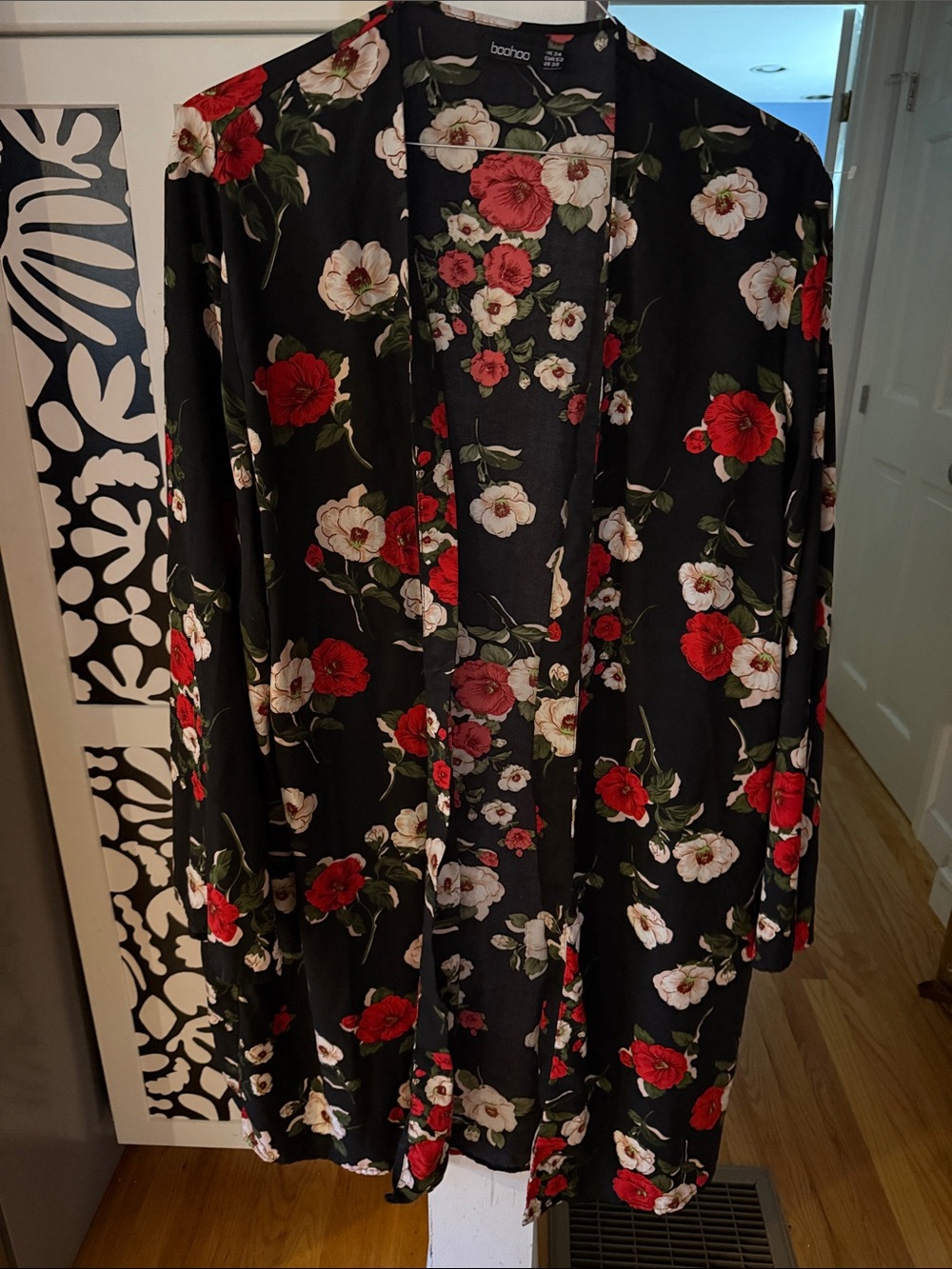 Boohoo Black Floral Longline Duster with Red & White Flowers